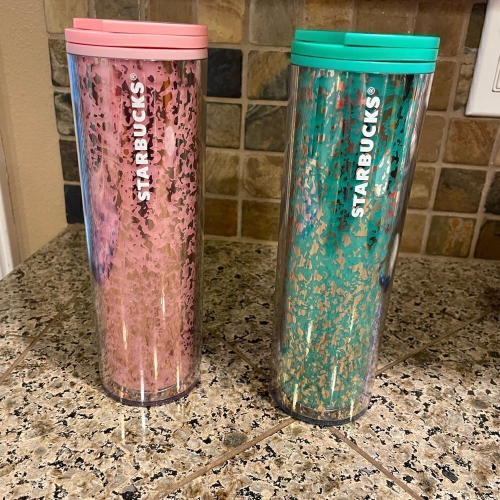 Starbucks Pink and Green Sparkle 2019 Holiday 16 Ounce Tumblers